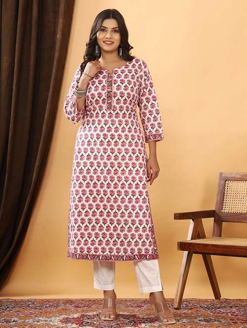 women printed three quater sleeve straight kurta - 21523704 -  Standard Image - 0