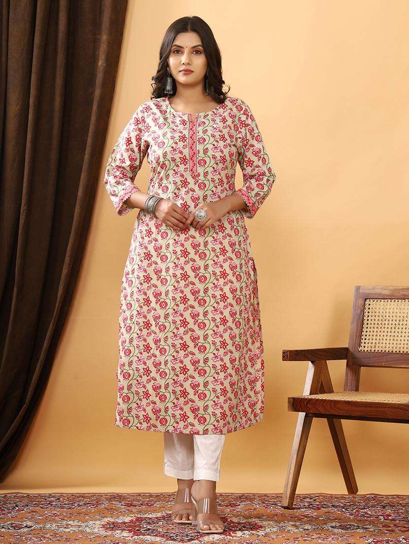 women printed three quater sleeve straight kurta