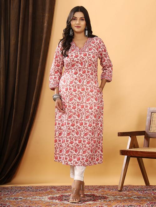 women floarl three quarter sleeve straight kurta - 21523707 - Standard Image - 0