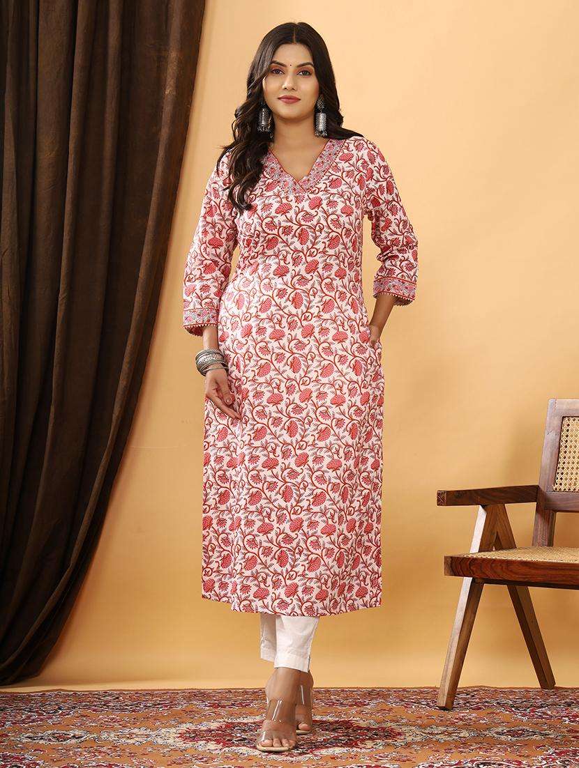 women floarl three quarter sleeve straight kurta
