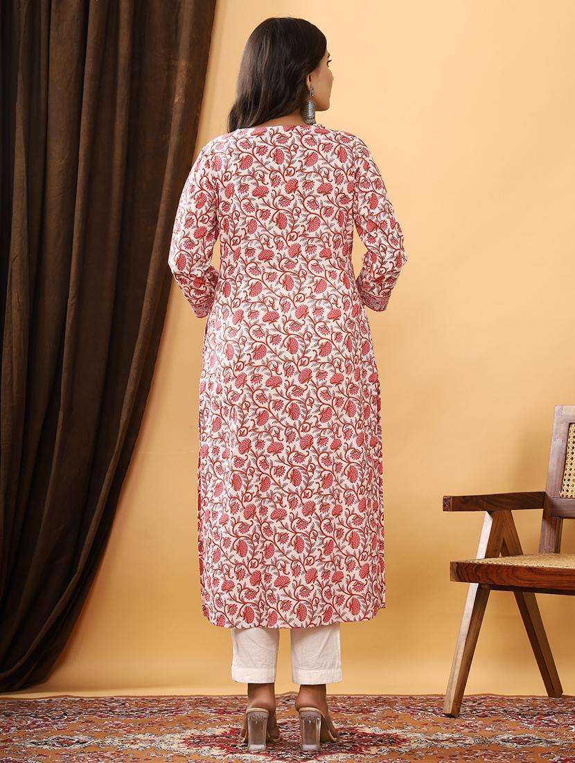 women floarl three quarter sleeve straight kurta - 21523707 -  Standard Image - 4