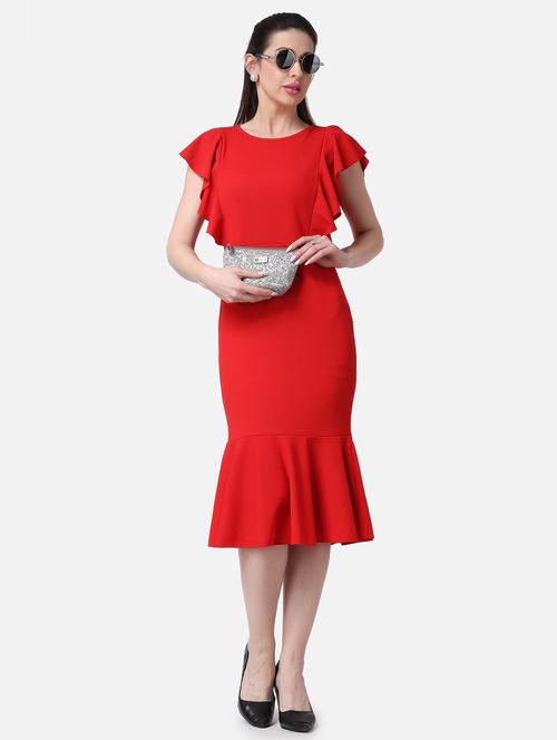 women solid cap sleeves ruffled dress - 21523764 - Standard Image - 0