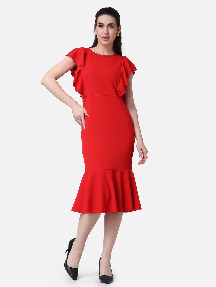 women solid cap sleeves ruffled dress - 21523764 - Standard Image - 1