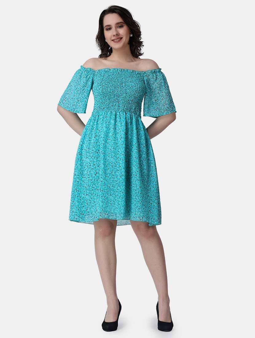 women printed off shoulder smock detailed dress - 21523766 -  Standard Image - 1