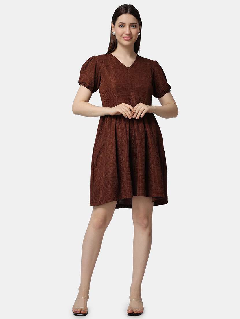 women solid puff sleeves fit & flare dress - 21523768 -  Standard Image - 1