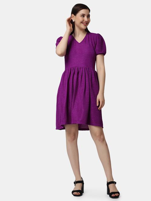 women solid puff sleeves fit & flare dress - 21523770 - Standard Image - 0