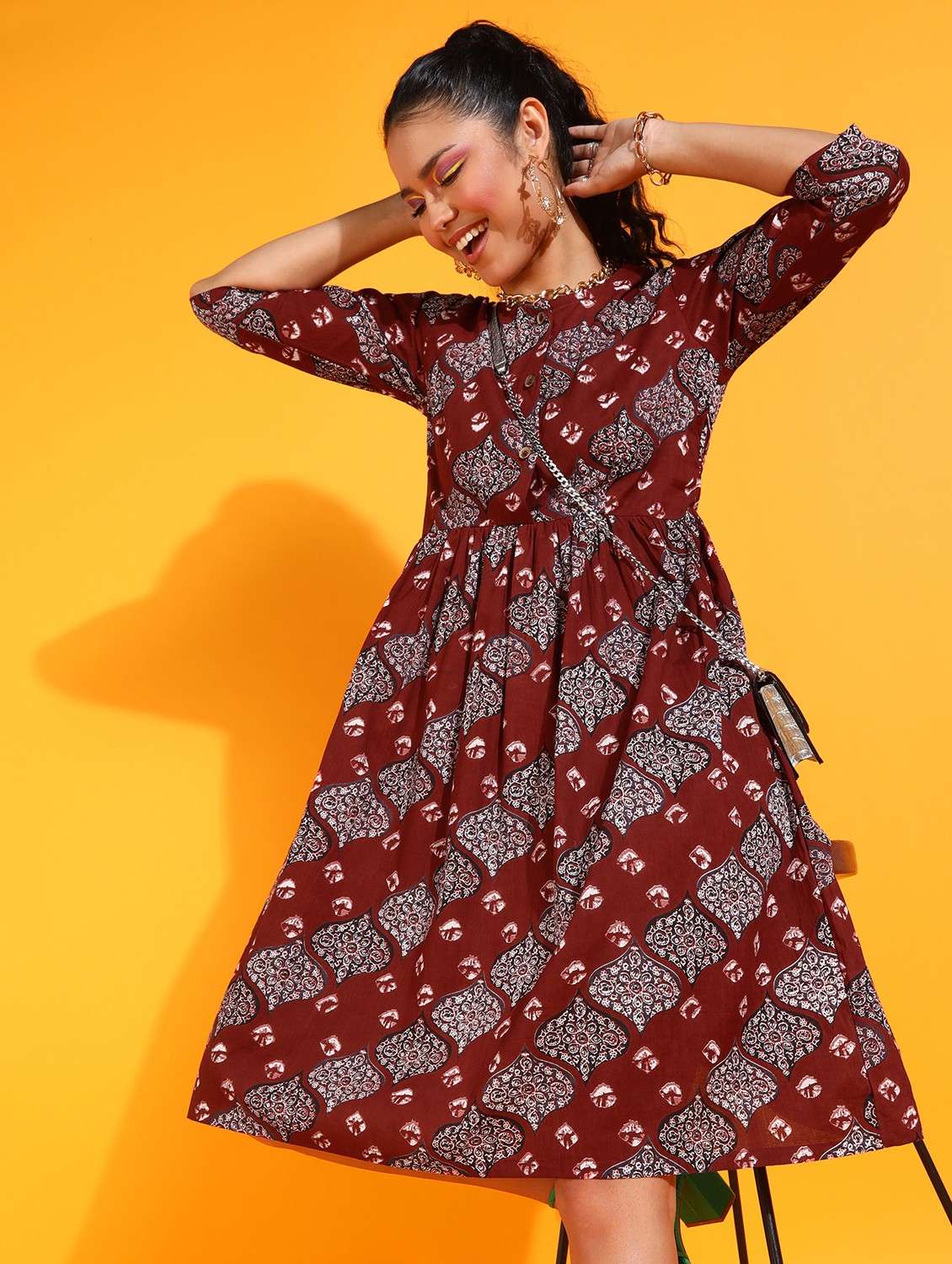 women printed round neck a-line dress - 21523825 - Standard Image - 1