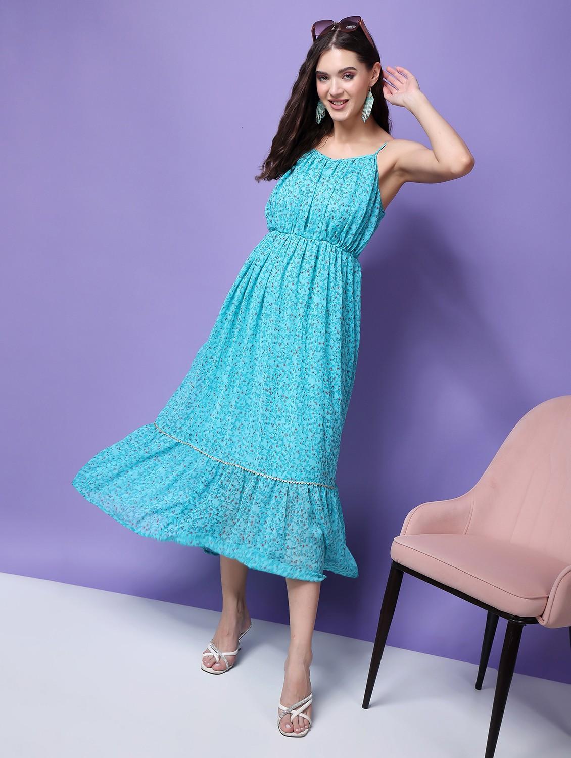 women floral printed sleeveless tiered dress