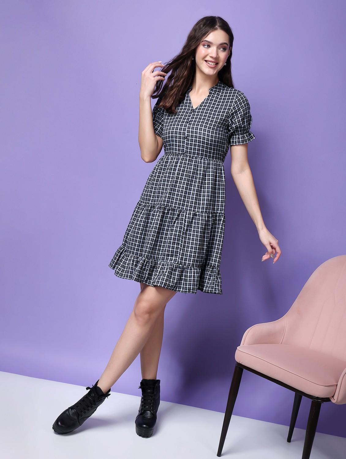 women checked printed tiered dress - 21523855 -  Zoom Image - 0