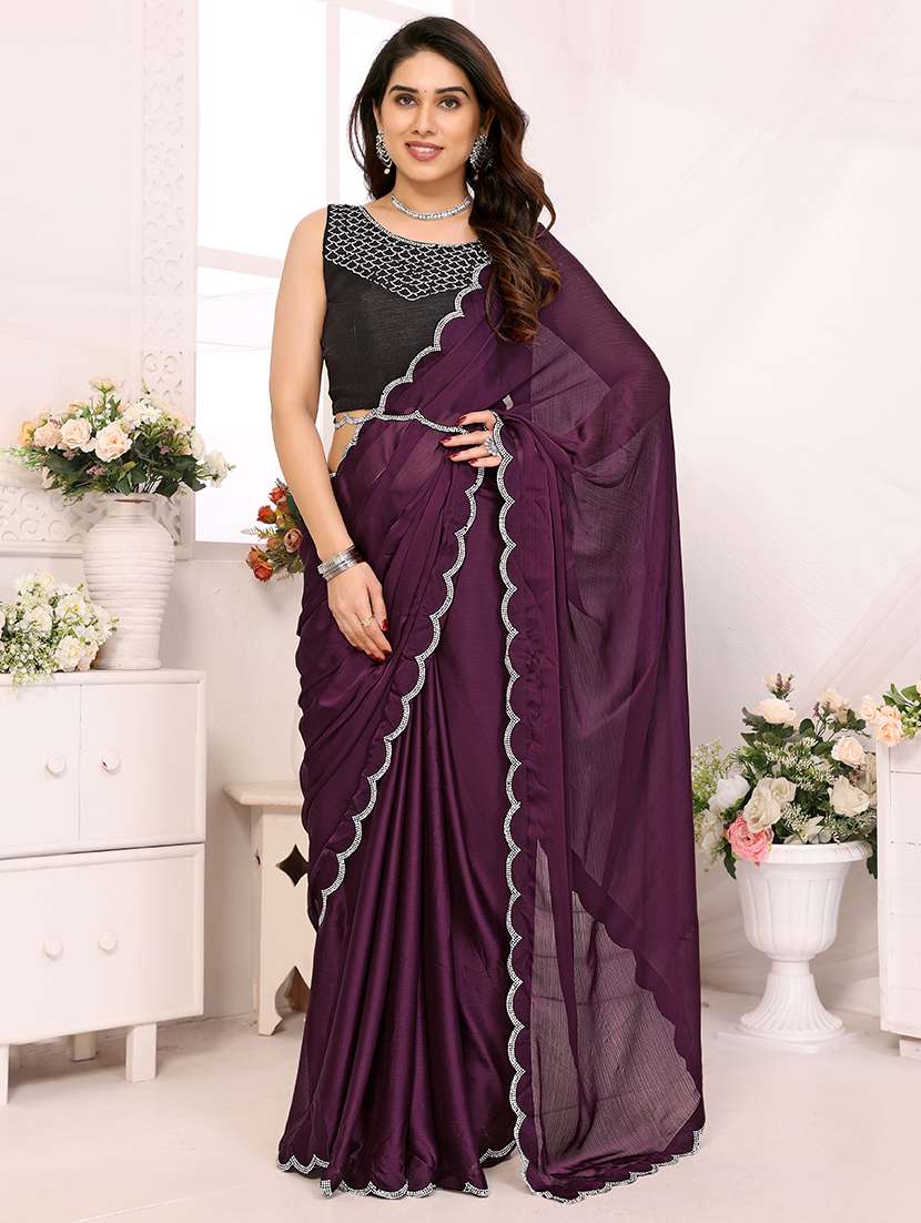 purple chiffon bordered saree with blouse