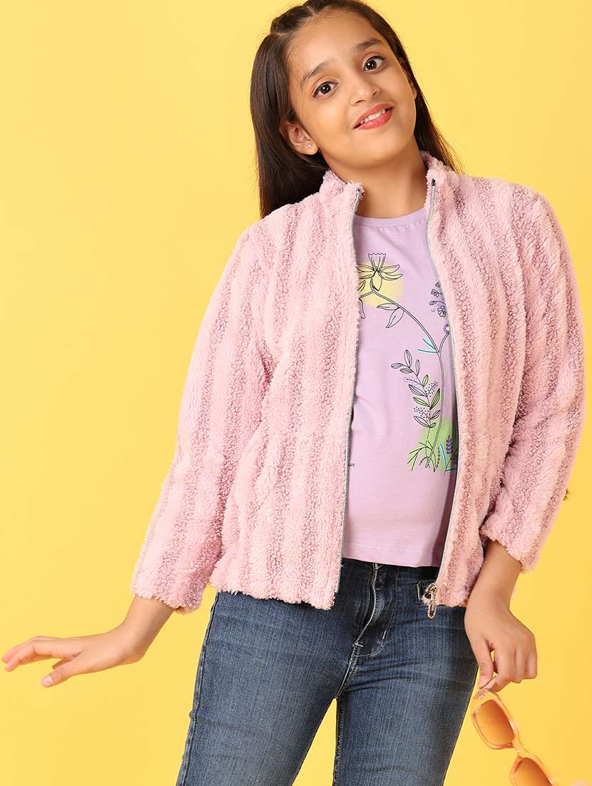 girls plain stand collar fur zip-up jacket - 21524061 -  Standard Image - 1