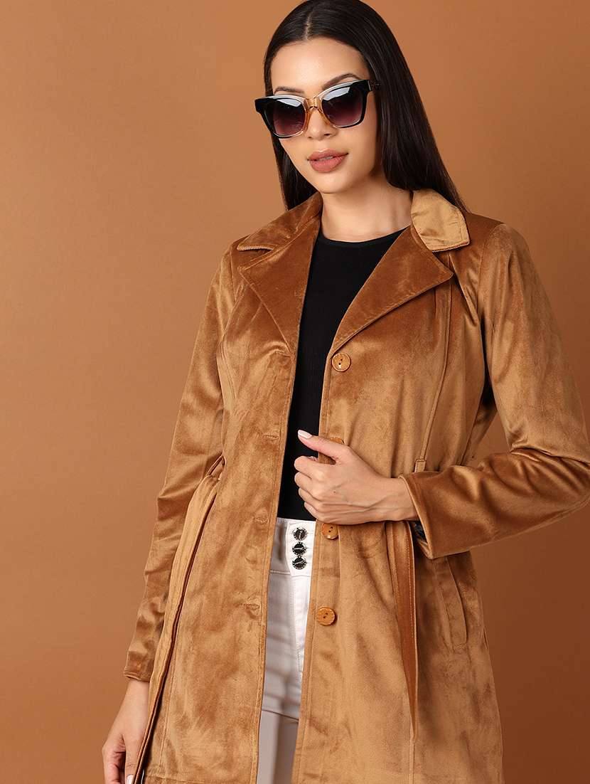 women brown solid full sleeve trench coat - 21524072 -  Standard Image - 1