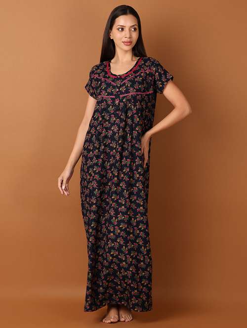 women navy blue floral short sleeve nighty