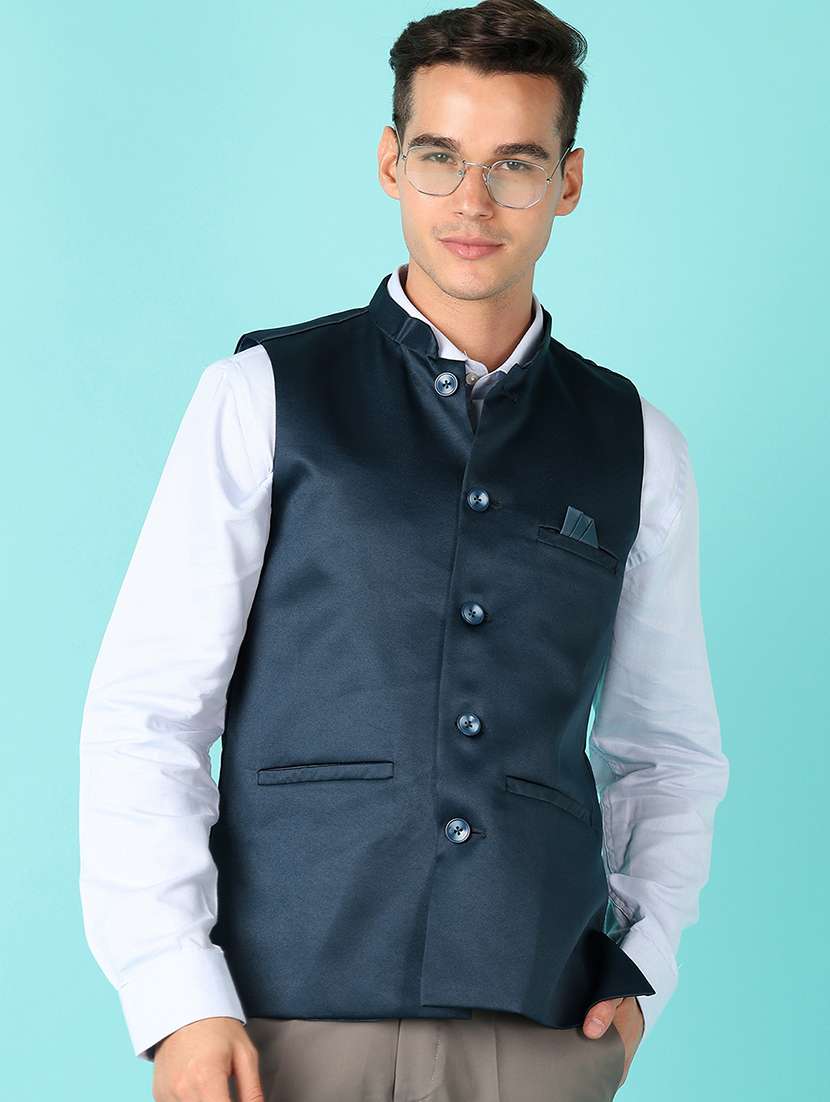 men solid mandarin neck nehru jacket - 21524121 - Zoom Image - 0