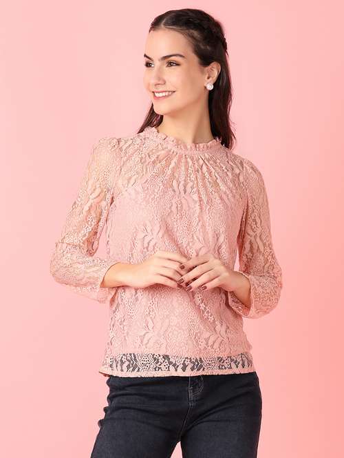 women peach lace detailed round neck top - 21524307 - Standard Image - 0
