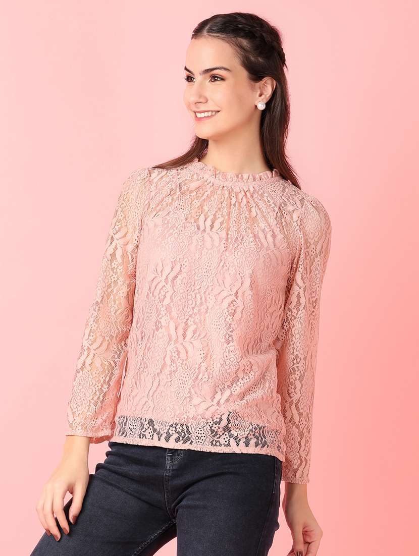 women peach lace detailed round neck top - 21524307 - Standard Image - 1