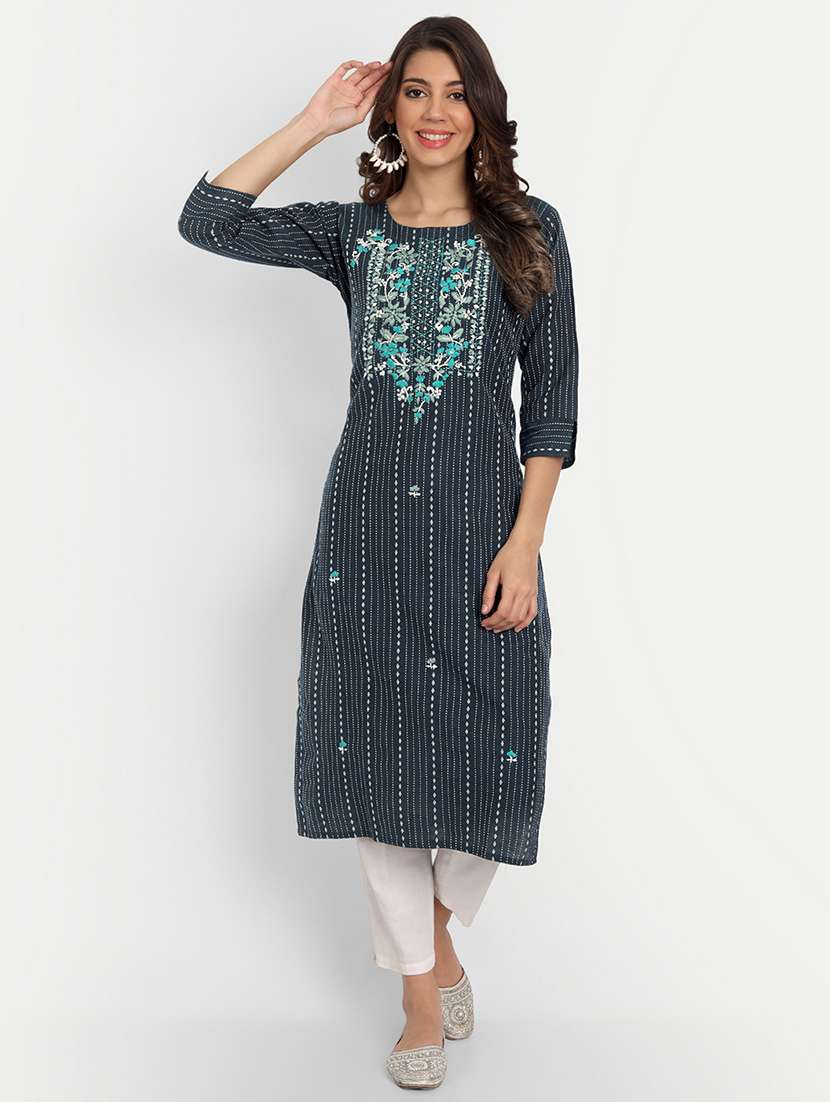 women stripes round neck straight kurta