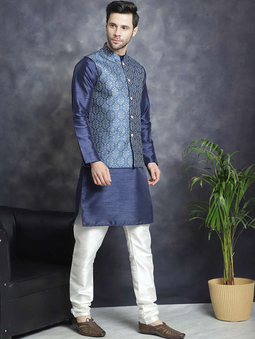 men mandarin neck kurta pyjama with jacket ethnic wear set - 21524837 -  Standard Image - 1