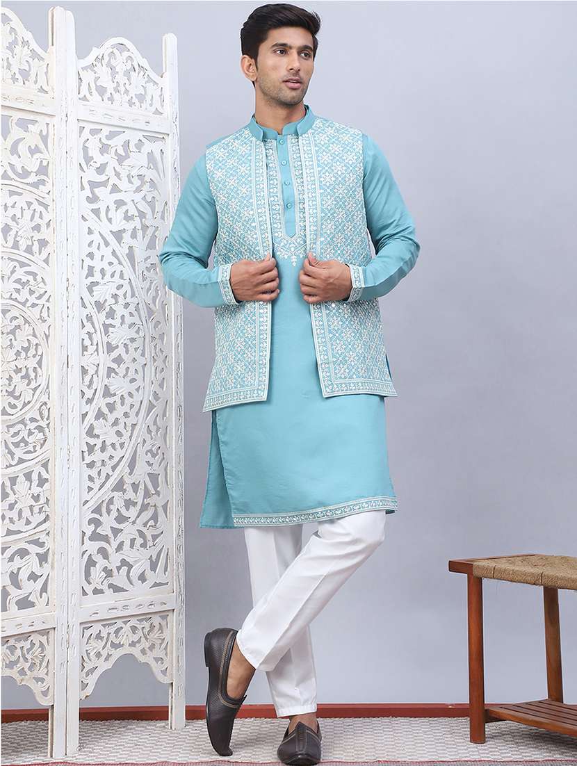 men embroidered mandarin neck kurta pyjama with jacket ethnic wear set