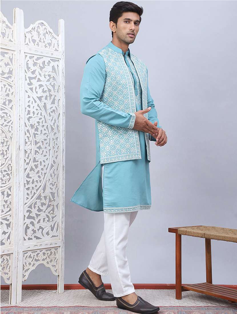 men embroidered mandarin neck kurta pyjama with jacket ethnic wear set - 21524843 -  Standard Image - 1