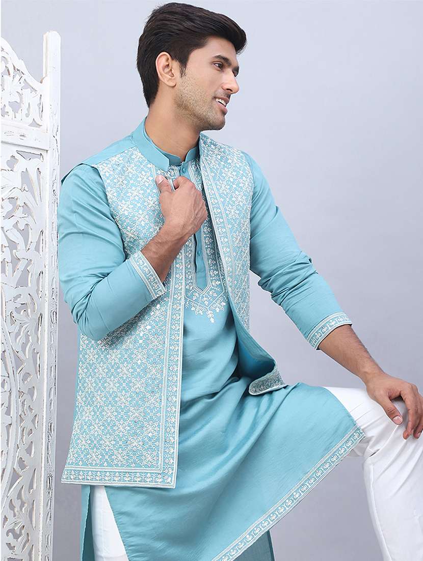 men embroidered mandarin neck kurta pyjama with jacket ethnic wear set - 21524843 - Standard Image - 4