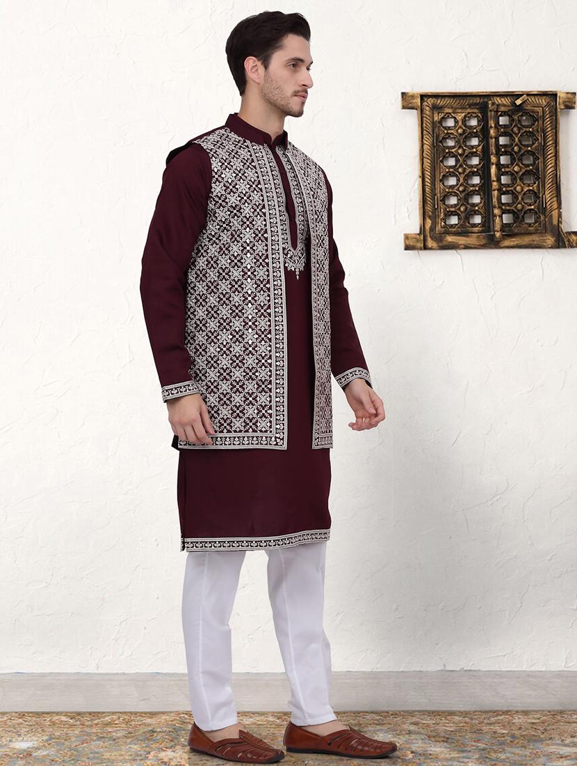 men embroidered mandarin neck kurta pyjama with jacket ethnic wear set - 21524849 -  Standard Image - 1