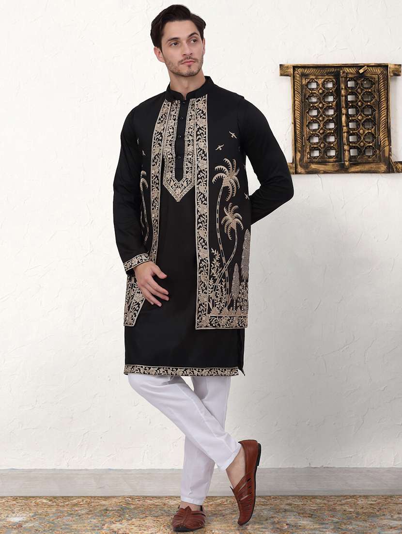 men embroidered kurta pyjama with jacket ethnic wear set