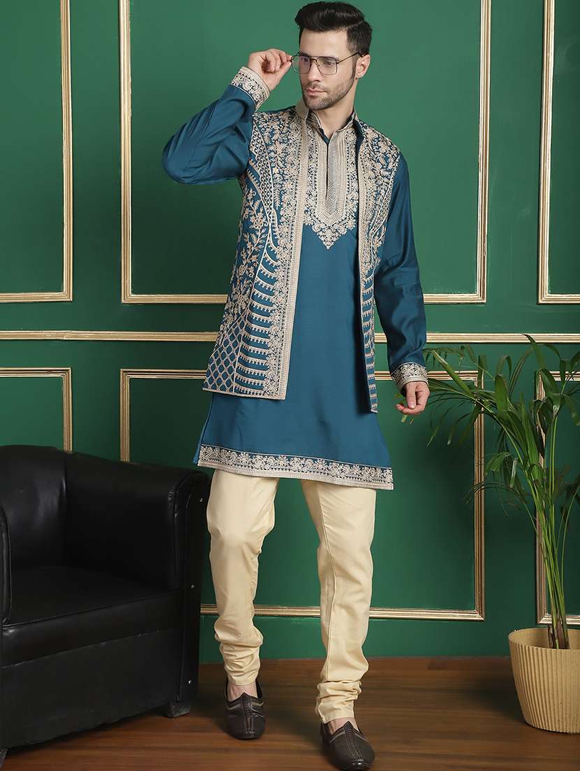 men embroidered kurta pyjama with jacket ethnic wear set