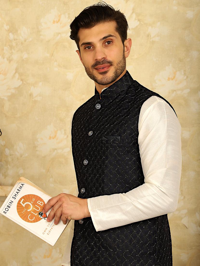 men mandarin neck kurta pyjama with jacket ethnic wear set - 21524874 - Standard Image - 4