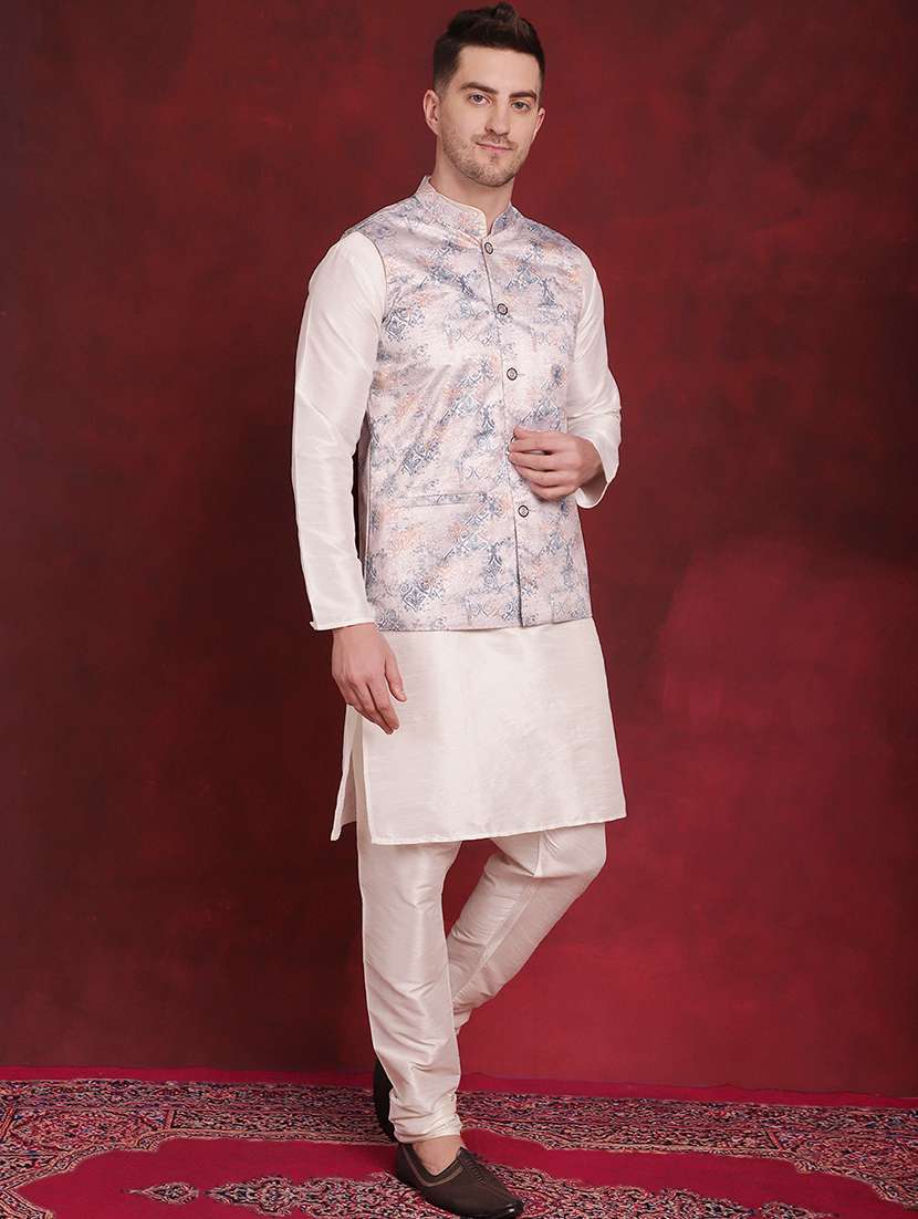 men solid kurta pyjama set with printed jacket - 21524878 - Standard Image - 1