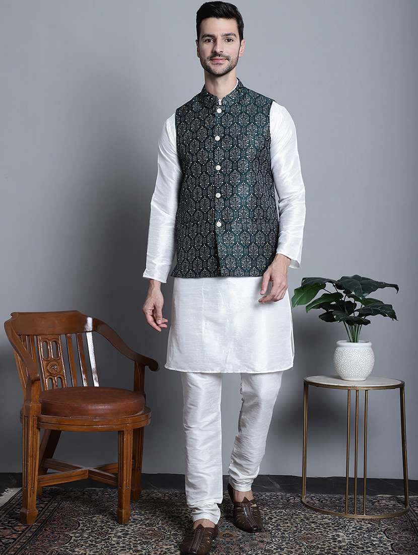 men solid kurta pyjama set with printed jacket