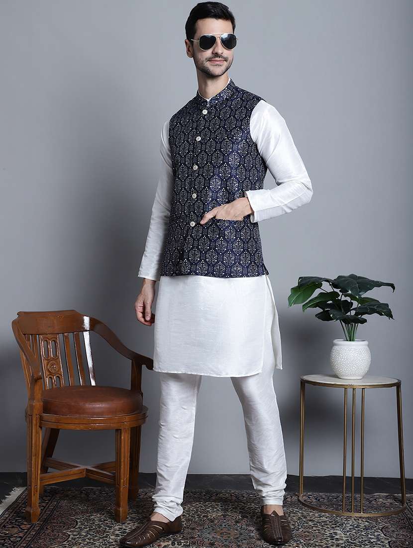 men mandarin neck kurta pyjama with jacket ethnic wear set - 21524884 -  Standard Image - 1