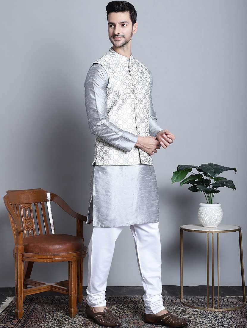 men mandarin neck kurta pyjama with jacket ethnic wear set - 21524889 -  Standard Image - 1