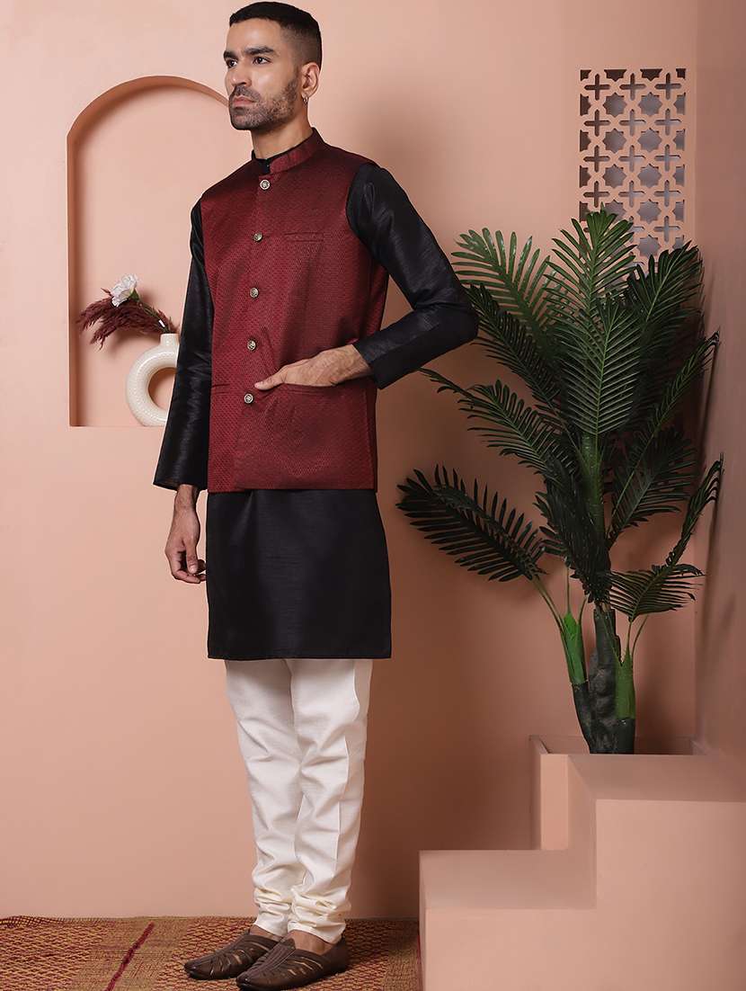 men solid kurta pyjama set with printed jacket - 21524902 - Standard Image - 1