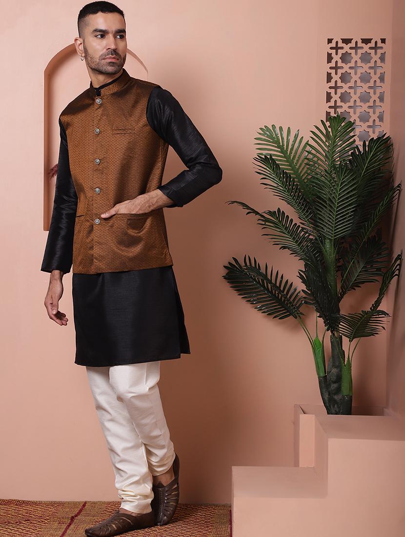 men mandarin neck silk kurta pyjama with jacket ethnic wear set - 21524903 - Standard Image - 1