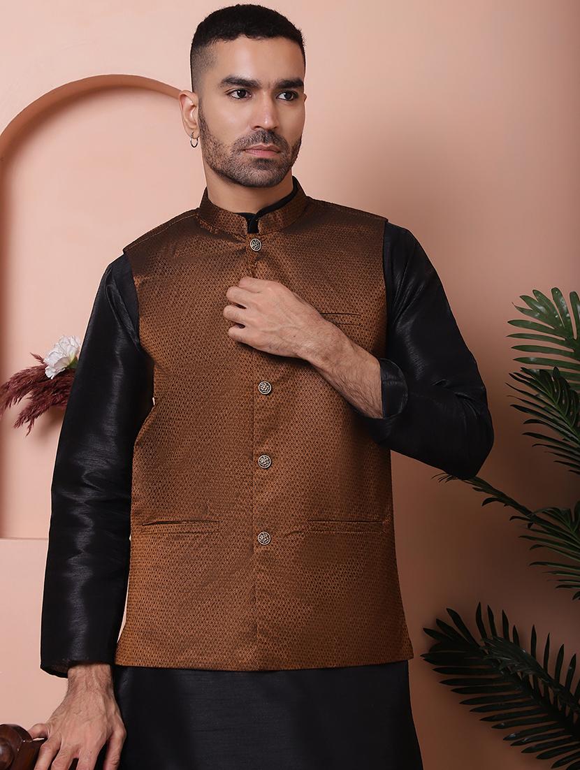 men mandarin neck silk kurta pyjama with jacket ethnic wear set - 21524903 - Standard Image - 4