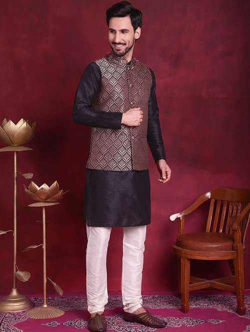 men mandarin neck silk kurta bottom with jacket ethnic wear set - 21524907 -  Standard Image - 0