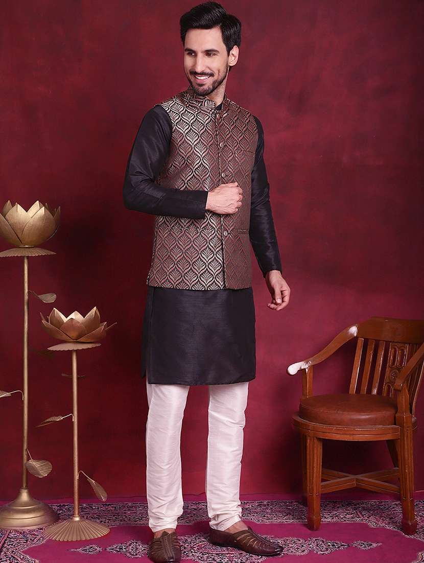 men mandarin neck silk kurta bottom with jacket ethnic wear set - 21524907 -  Zoom Image - 0