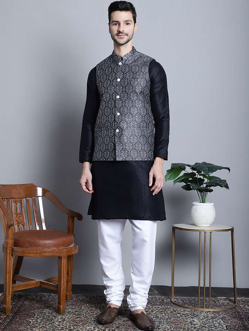 men solid kurta pyjama set with printed jacket - 21524909 - Standard Image - 1