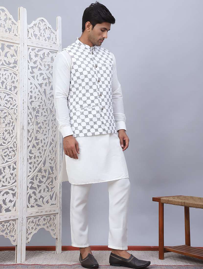 men mandarin neck silk kurta bottom with jacket ethnic wear set - 21524916 -  Standard Image - 1