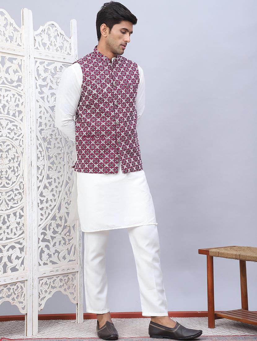 men mandarin neck silk kurta bottom with jacket ethnic wear set - 21524917 -  Standard Image - 1