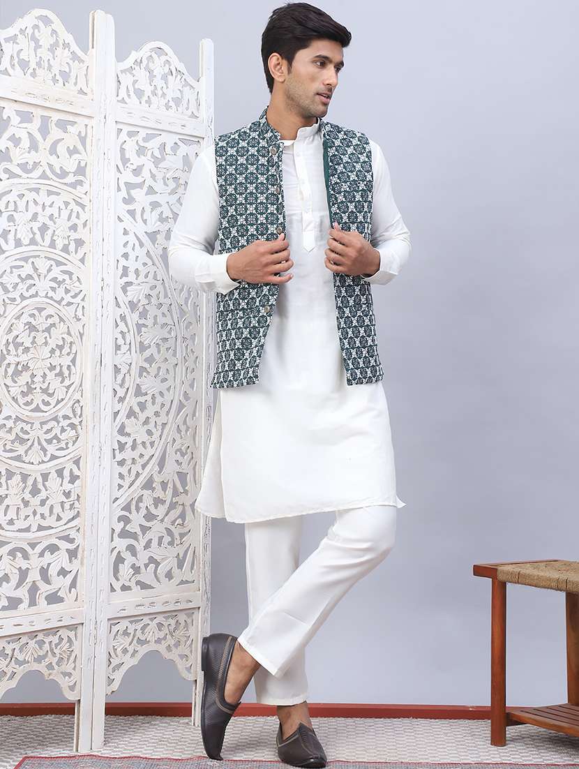 men solid kurta pyjama set with printed jacket - 21524918 -  Standard Image - 1