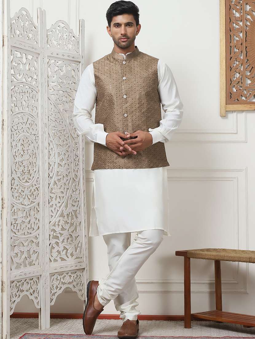 men mandarin neck kurta bottom with jacket ethnic wear set