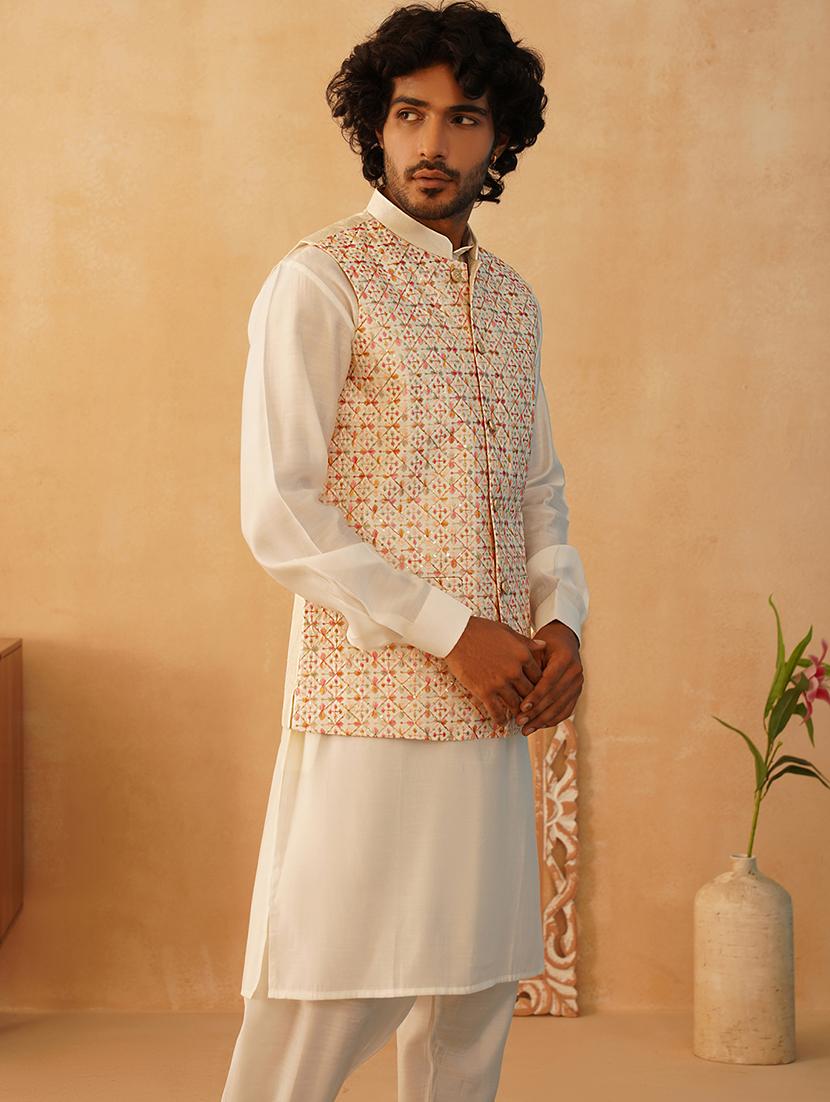 men solid kurta pyjama set with printed jacket - 21524927 - Standard Image - 1