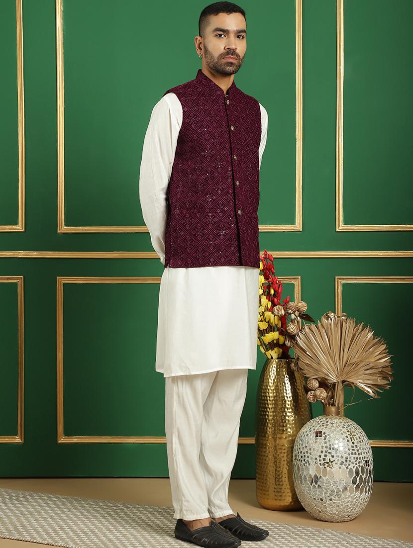 men solid kurta pyjama set with printed jacket - 21524928 - Standard Image - 1