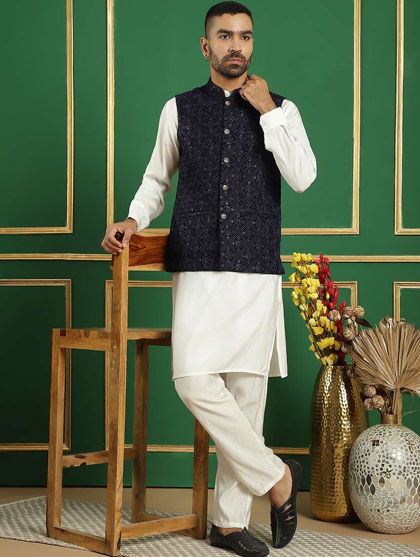 men mandarin neck kurta bottom with jacket ethnic wear set - 21524929 -  Standard Image - 1