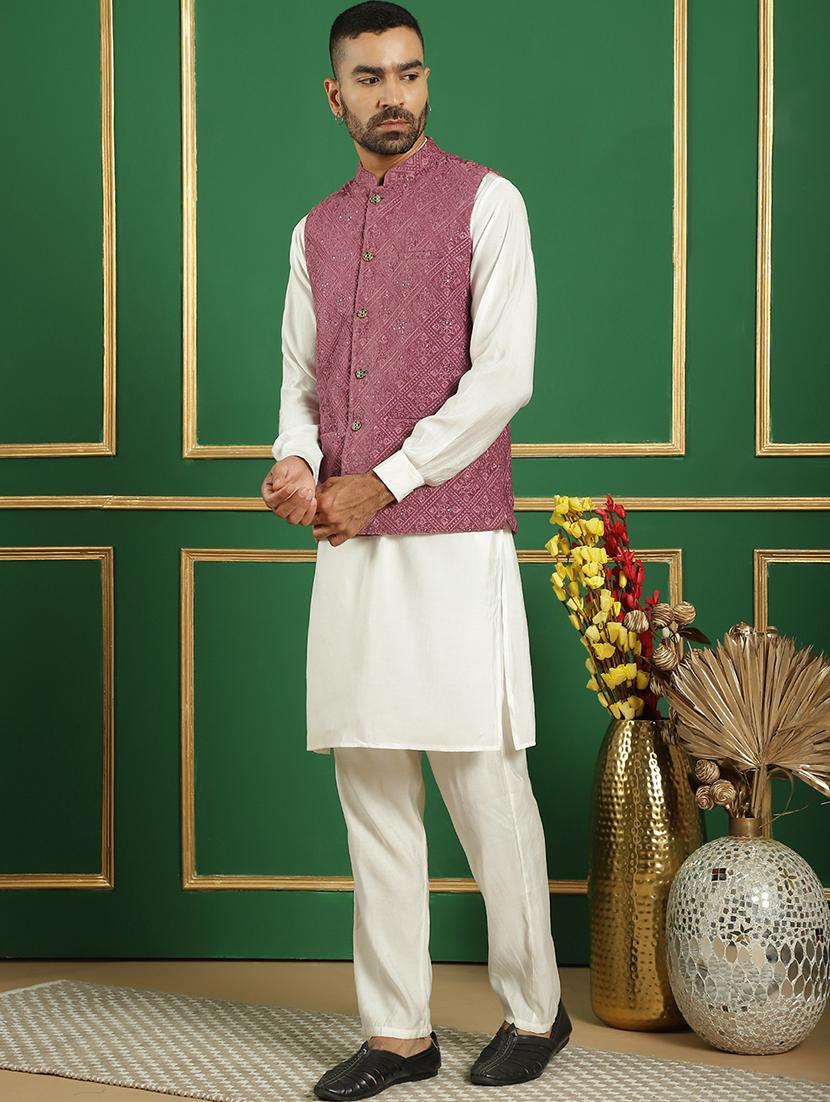 men solid kurta pyjama set with printed jacket - 21524930 - Standard Image - 1