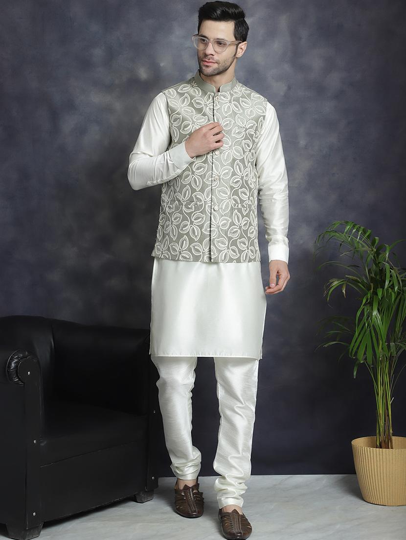 men mandarin neck kurta bottom with jacket ethnic wear set - 21524933 -  Standard Image - 1