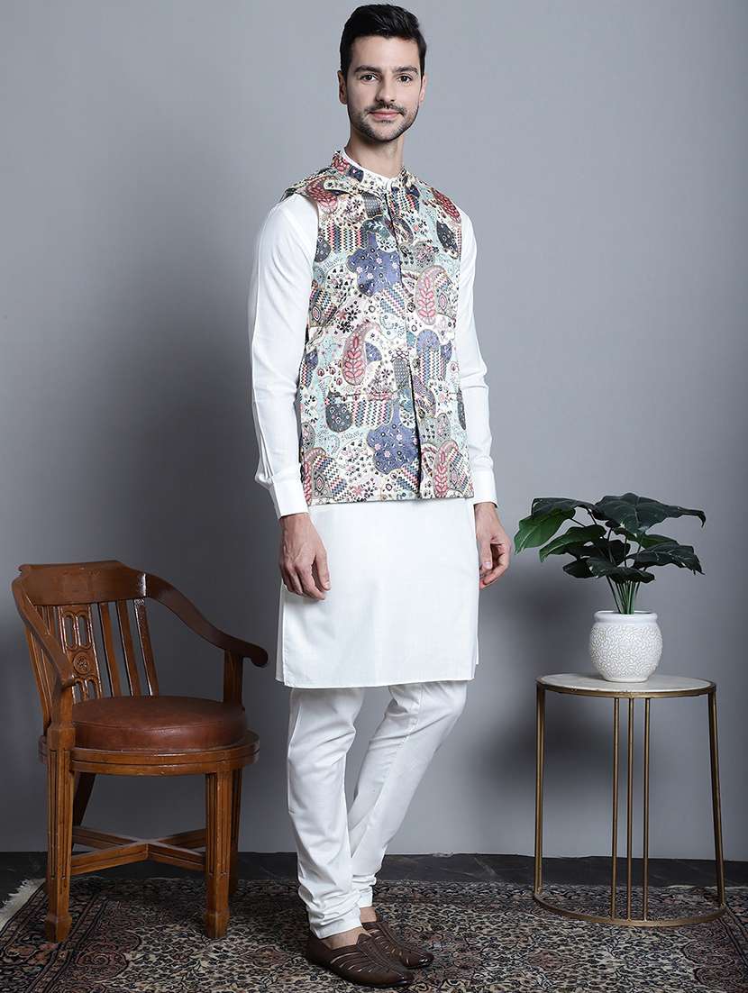 men solid kurta pyjama set with printed jacket