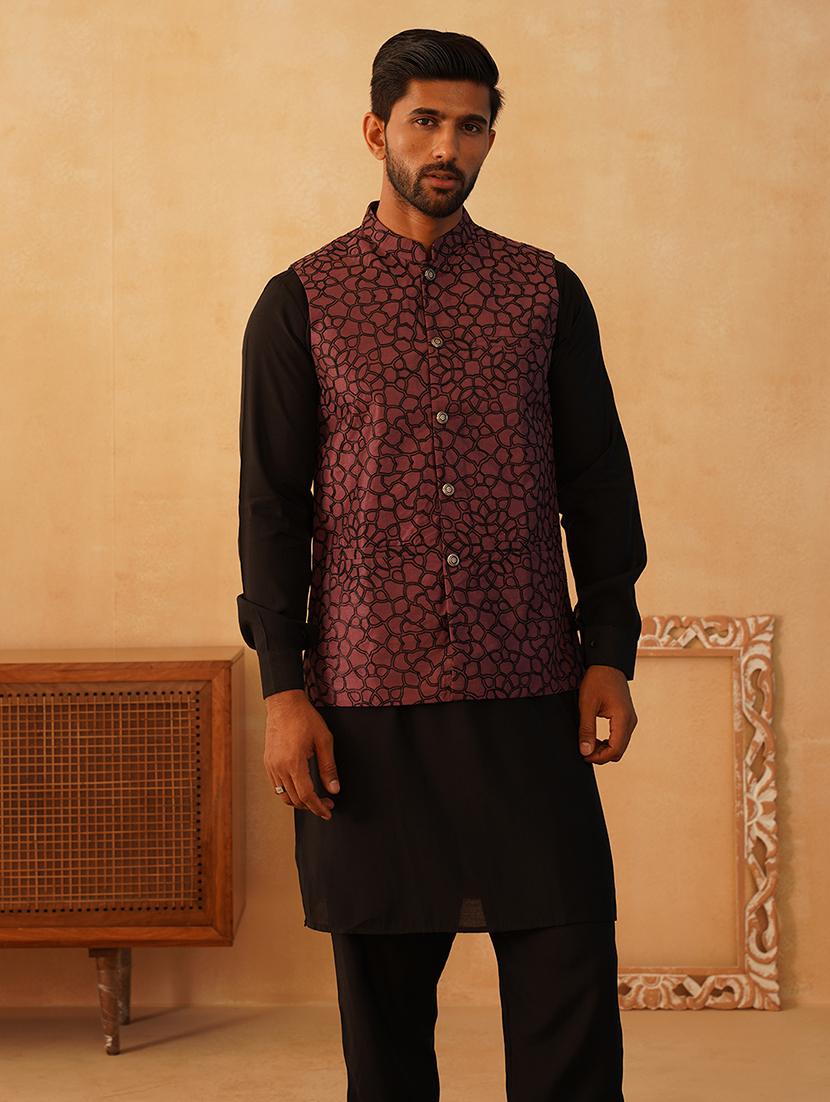 men solid kurta pyjama set with printed jacket - 21524942 - Standard Image - 1